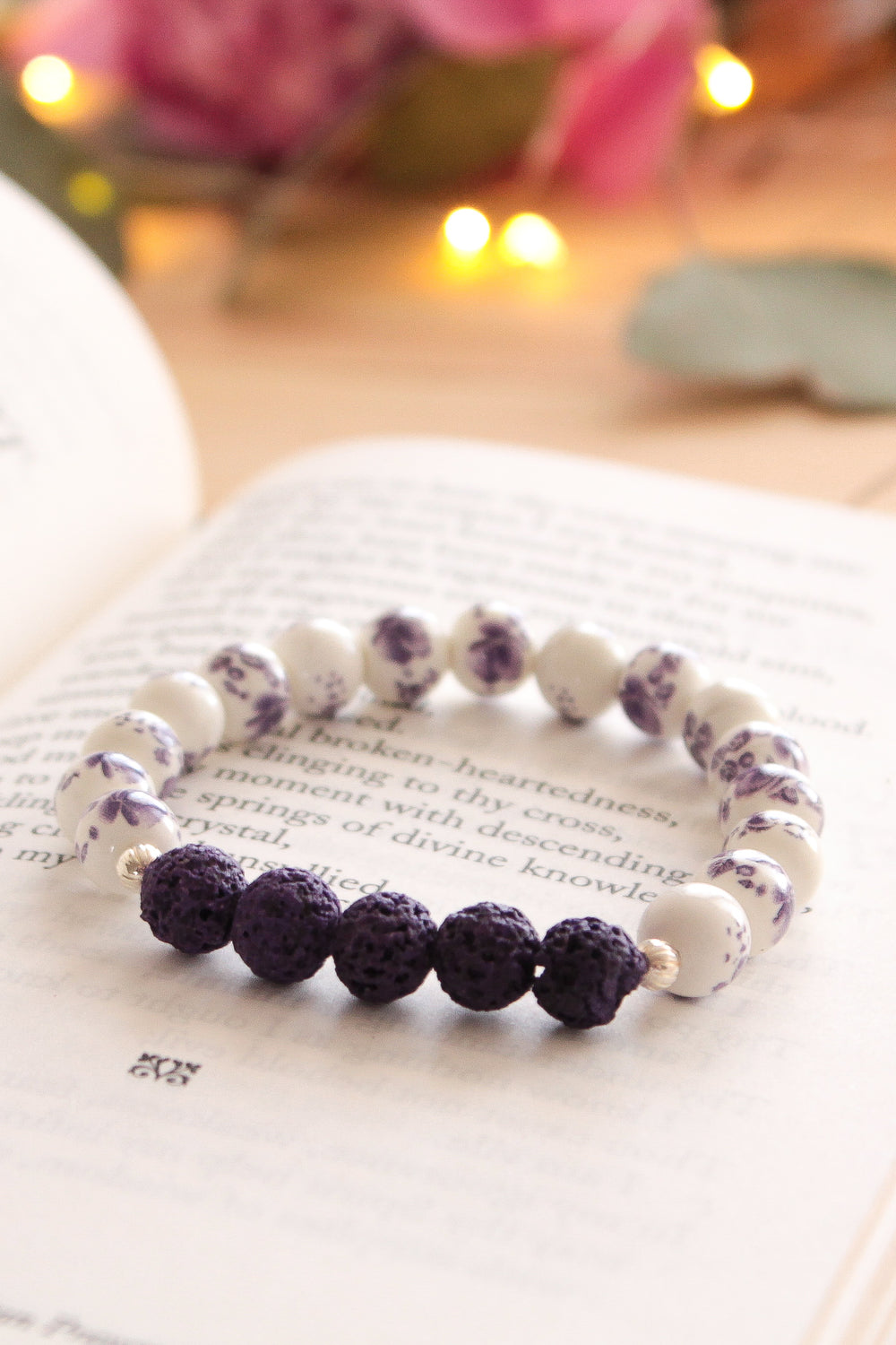 Pretty Purple Floral Lava Bead Bracelet - Pretty Sick Designs