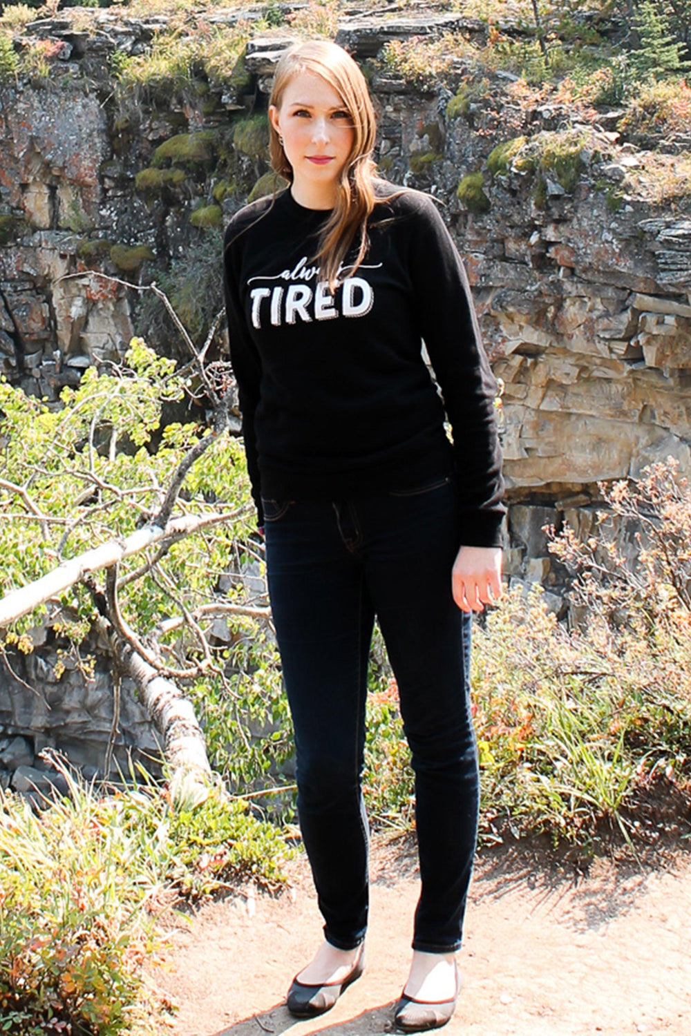Always Tired crewneck sweatshirt. Chronic illness clothing. Fibromyalgia, chronic fatigue syndrome. Pretty Sick Designs.